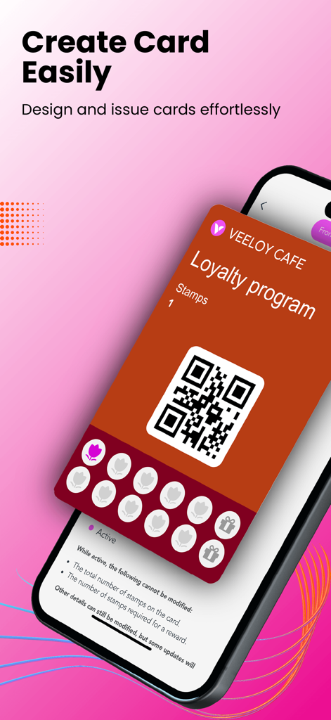 VeeCard App-Oberfläche, die eine digitale Treuekarte für ein Café mit einem QR-Code und einem Stempel-Tracker anzeigt.