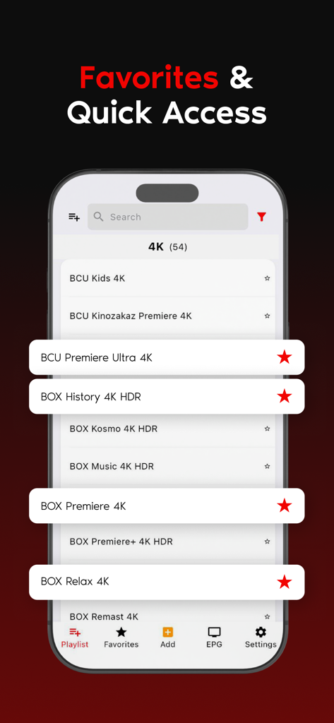 IPTV player m3u8 EPG Xtream - IPTV player app interface showing the favorites and quick access channel list on an iPhone screen.