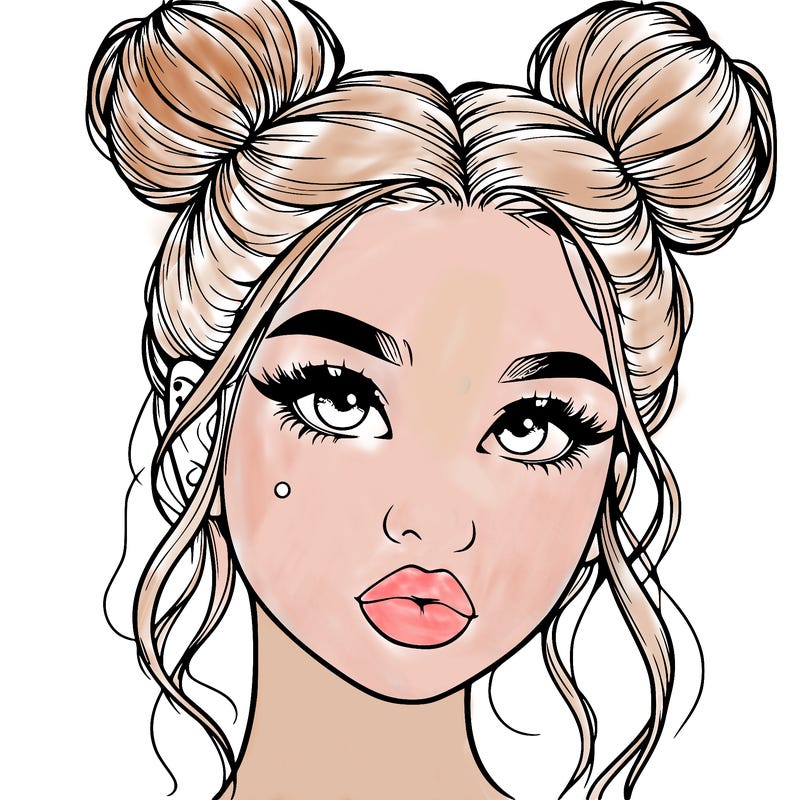 realistic girl with two buns on her hair and lips
