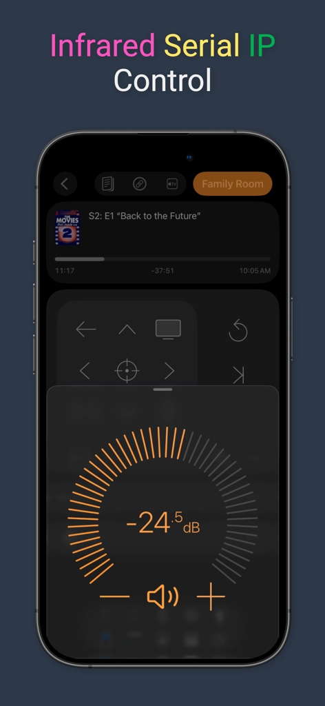 Roomie Remote X app interface on an iPhone showing a high-end volume dial for home theater control and media playback information.