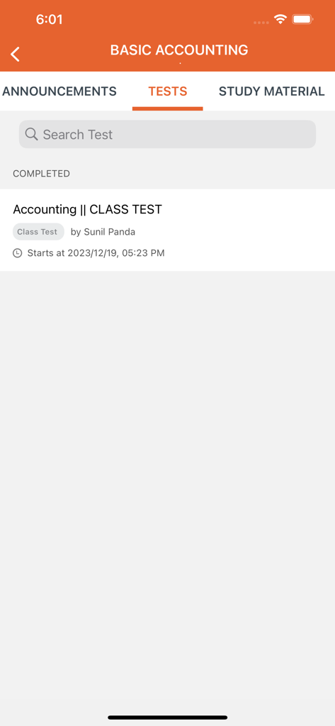 SPCC by Sunil sir - SPCC app interface showing the tests tab within a basic accounting course