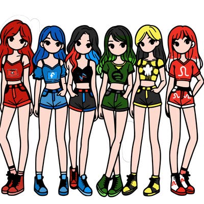 a group of girls wearing crop tops and shorts