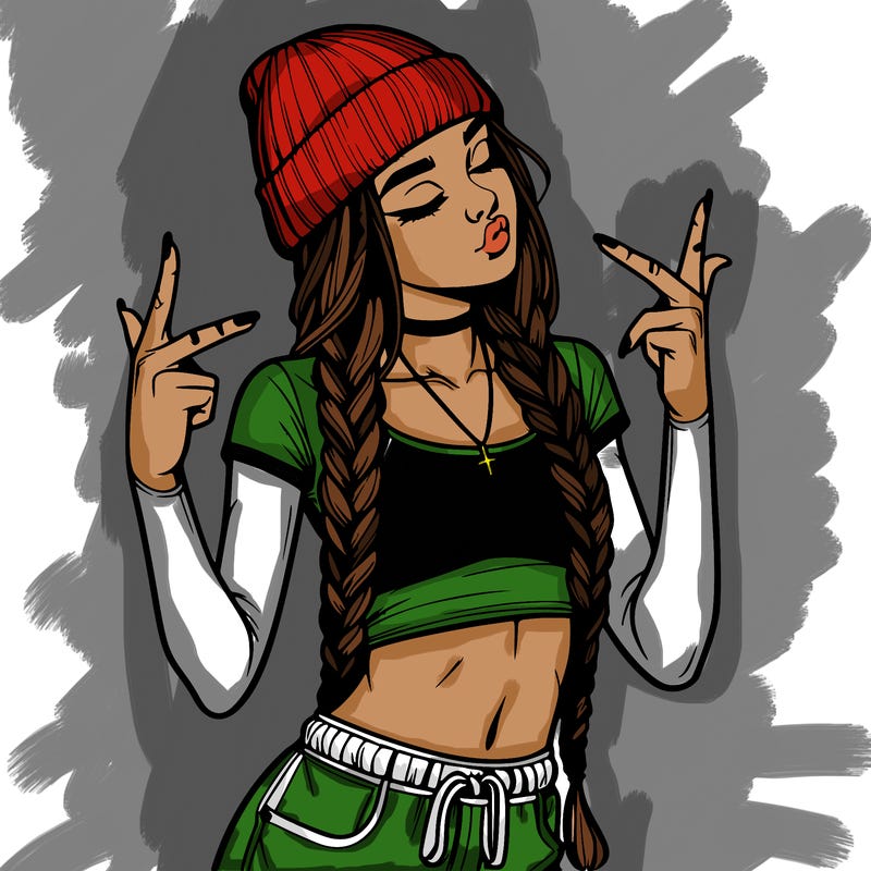 realistic teenage girl with braids and a beanie and crop top doing 🫶🏼