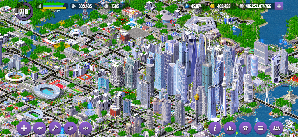 A detailed top-down view of a bustling virtual metropolis in Designer City featuring skyscrapers, stadiums, and landmarks