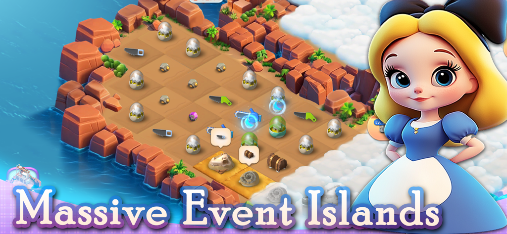 Merge Isle: Magic Princess - A merge puzzle grid on a rocky island featuring a blonde princess character and the text Massive Event Islands