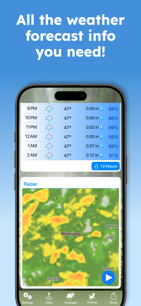 Weather Puppy Forecast + Radar - Weather Puppy app screen displaying hourly rain forecast and animated radar map for Winnipeg