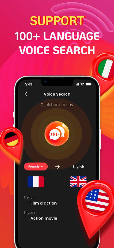 Smart TV Remote App. - Smart TV remote app interface showing voice search feature with support for over 100 languages