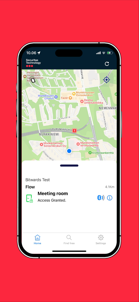 Securitas FLOW app interface showing a map and access granted message for a meeting room