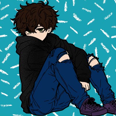 a male hoddie ripped jeans messy hair anime