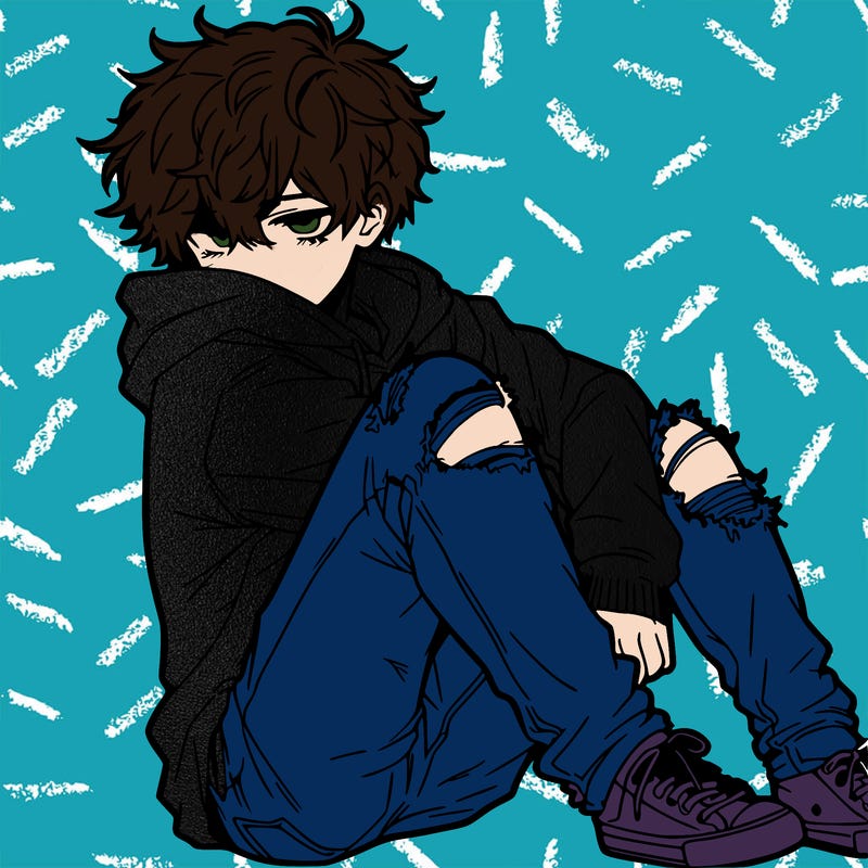 a male hoddie ripped jeans messy hair anime