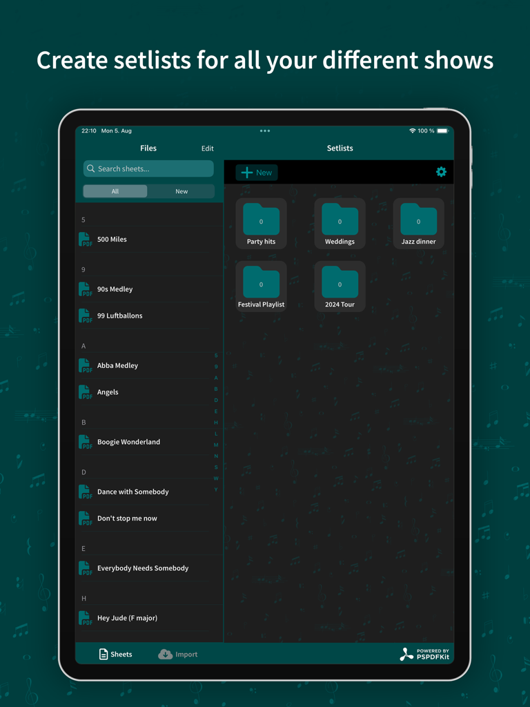 iPad interface of Leadsheet app showing organized music setlists and song library.
