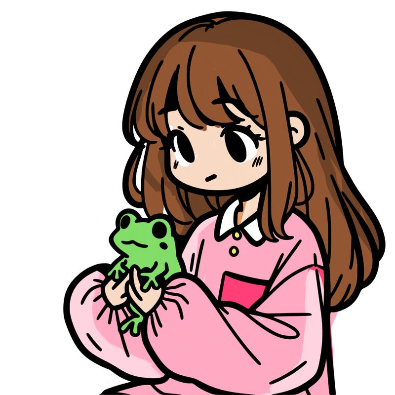 girl with long hair and a oversized shirt. and she is holding a frog
