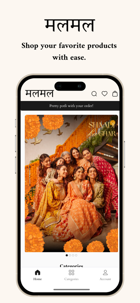 The Shop Mulmul app home screen displaying a collection of women in vibrant orange Indian ethnic wear.