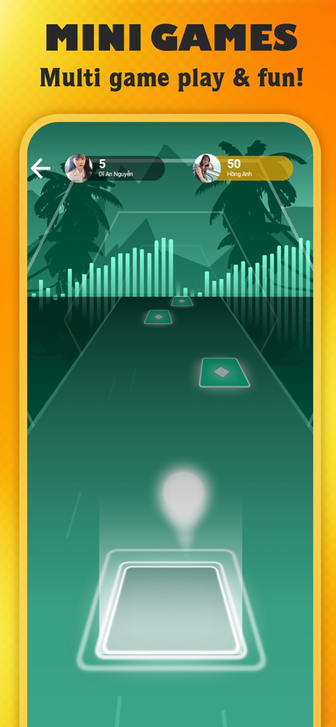 Fega - Music game - Interfaz del juego musical Fega mostrando un minijuego basado en ritmo con funciones sociales.