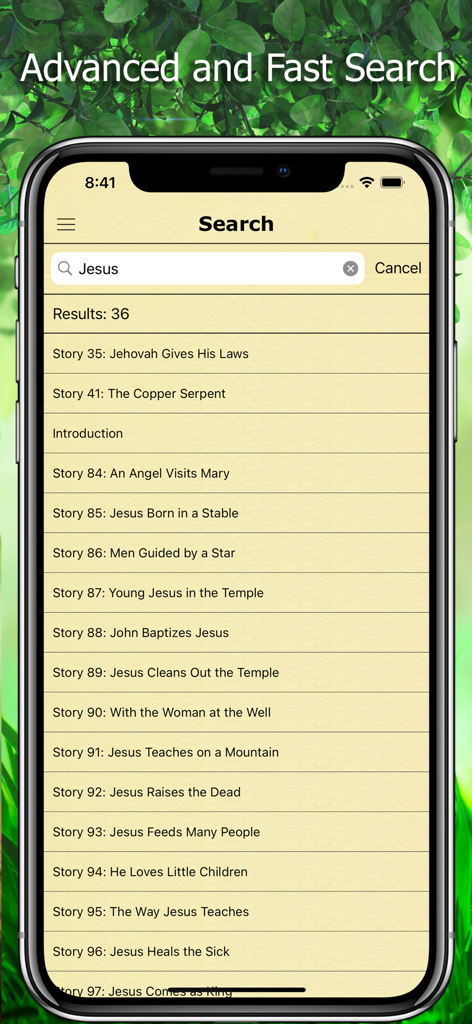 Bible Stories in English New - Search results for Jesus in the Bible Stories mobile app showing a list of related stories.