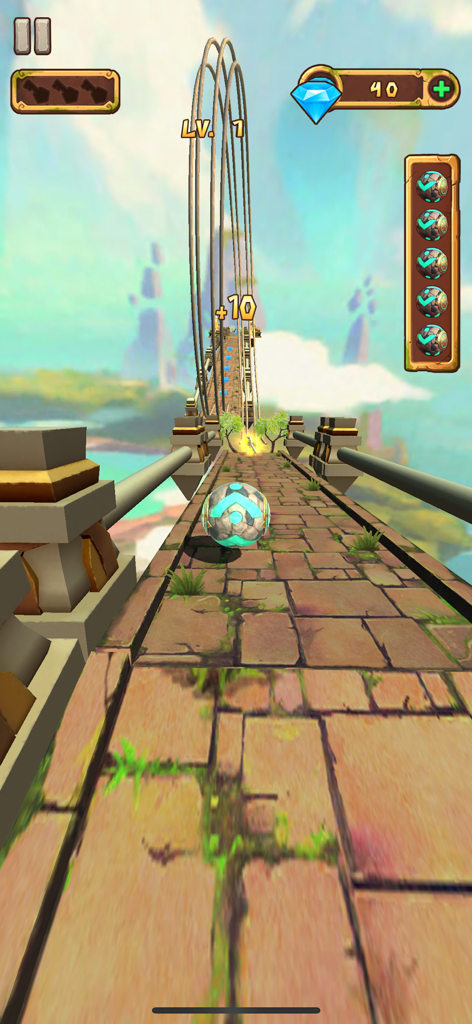 Temple Rolling Balls - A patterned ball rolling on an ancient stone bridge towards a giant loop track in a temple-themed environment.