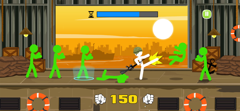 White stickman character kicking green enemies in a sunset battle scene