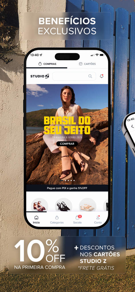 Studio Z Calçados e Acessórios - Studio Z shopping app home screen displaying a fashion banner with sandals and a ten percent off first purchase discount.