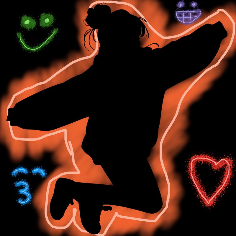 realistic girl jumping with a bun and oversized sweatshirt