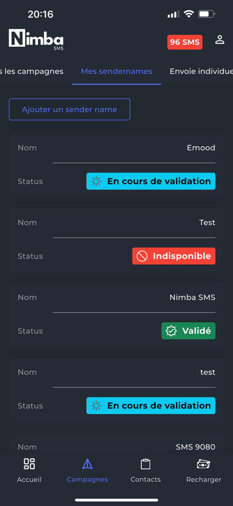 Nimba SMS - Nimba SMS app interface showing a list of registered sender names and their validation status