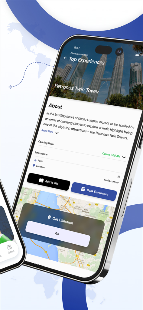 Malaysia Truly Asia - Malaysia Truly Asia app interface displaying information and booking options for Petronas Twin Towers in Kuala Lumpur