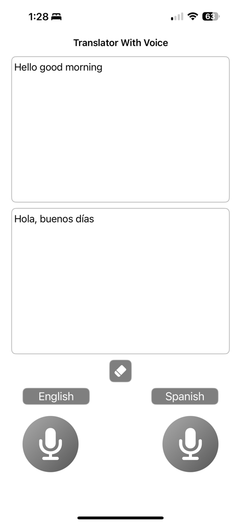 Translator with Voice - Translator with Voice app interface with English and Spanish translation buttons