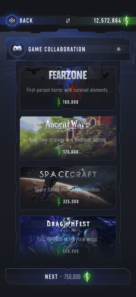 The Artman - A menu screen in The Artman showing various game collaboration options like Fearzone and Ancient Wars with their respective costs