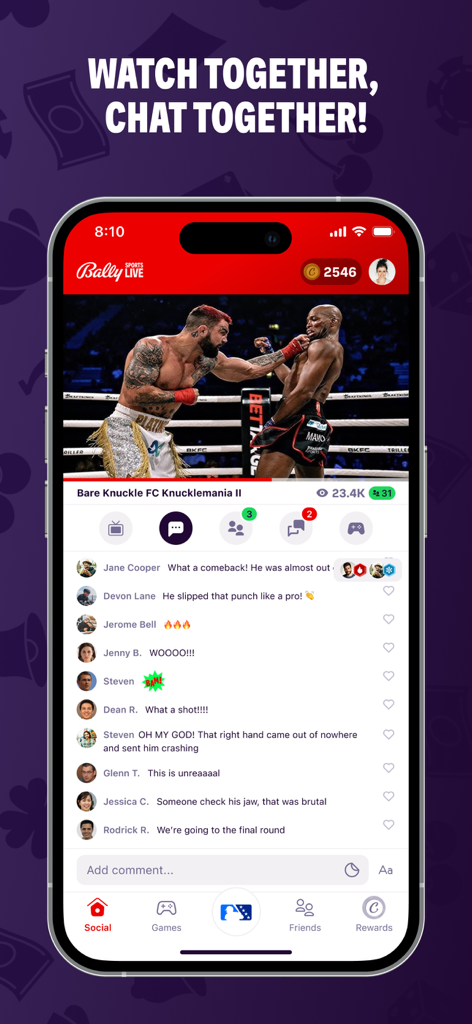 Bally Sports Live - Bally Sports Live app interface with a live fight stream and real-time social chat.