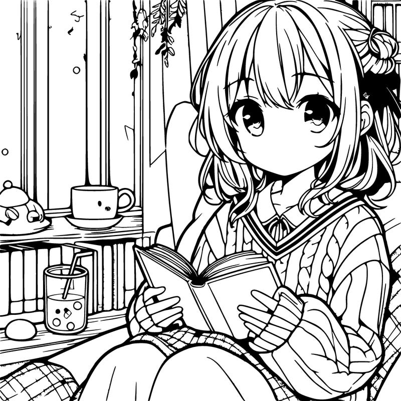 detailed anime girl cozy with a book