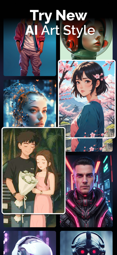 A collage showcasing various AI art styles including anime characters and futuristic neon portraits