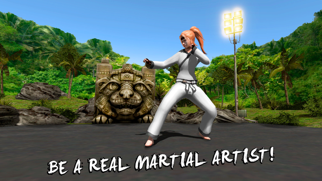 Karate Do Fighting Tiger 3D - A female martial artist in a white karate uniform posing in a tropical jungle setting with a stone lion statue
