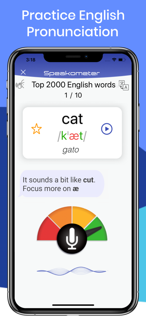 Speakometer-Accent Training AI - Speakometer mobile app interface for English pronunciation practice with AI feedback on the word cat