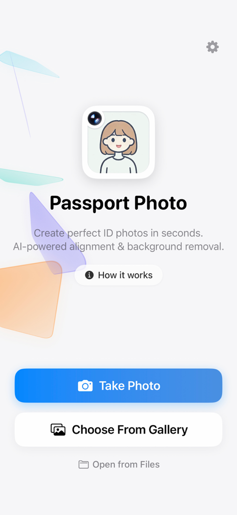 Hauptoberfläche der Passport Photo King App, die Optionen zum Aufnehmen eines Fotos oder zur Auswahl aus der Galerie für KI-gestützte ID-Fotografie anzeigt.