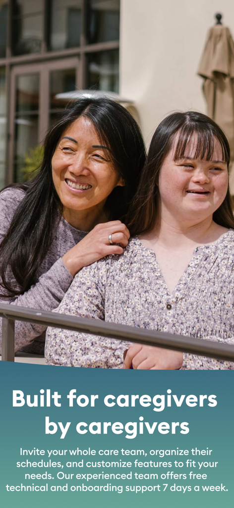 BoundaryCare Watch-Based GPS - A caregiver and her daughter with Down syndrome smiling together with text describing team caregiving support features.