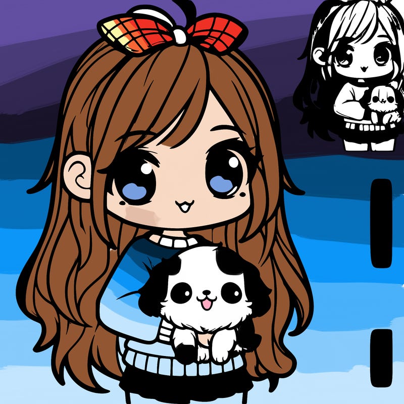 cute long hair a bit chibi girl holding a cute small puppy