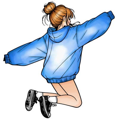 realistic girl jumping with a bun and oversized sweatshirt
