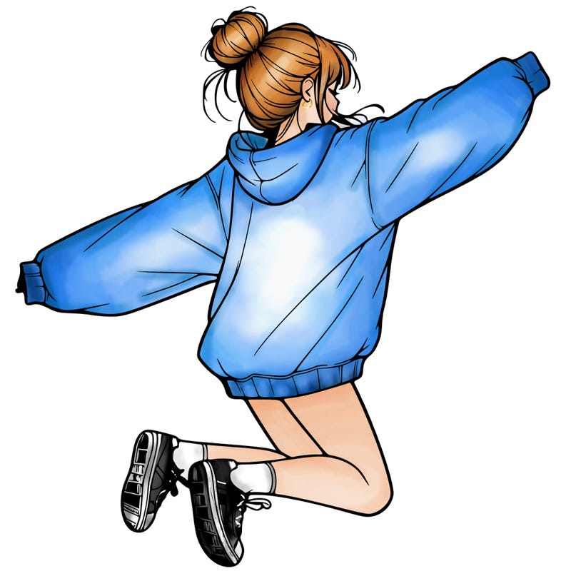 realistic girl jumping with a bun and oversized sweatshirt