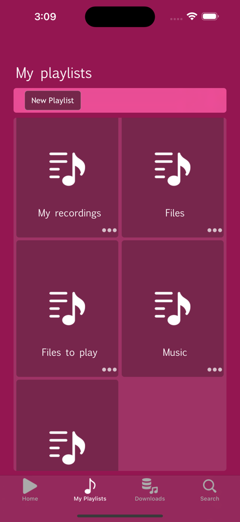 Audio Player - Play Music - My playlists screen of the Audio Player app showing local file categories and music library integration