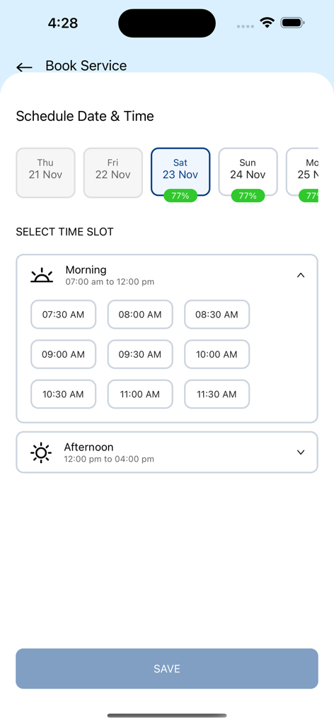 Aljazirah Vehicles - Aljazirah Vehicles app screen showing service appointment scheduling