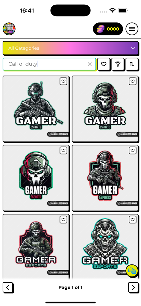 A search interface within the Esports Gaming Logo Maker app showing military soldier and skull mascot templates.