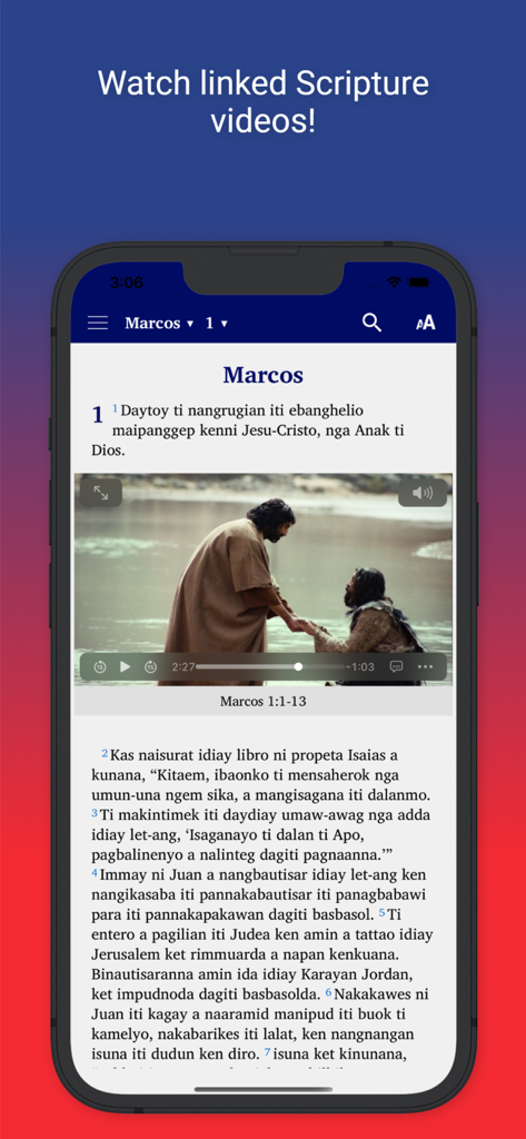 Scripture Earth - Scripture Earth app interface showing a biblical video and text from the book of Mark.