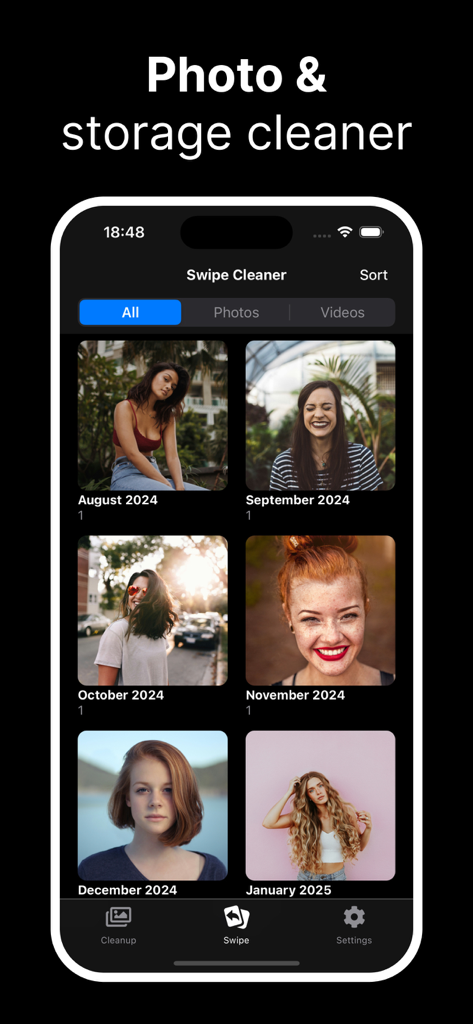 The Photo Cleaner app interface showing a swipe cleaner tool with photos organized into monthly folders like August 2024 and September 2024.