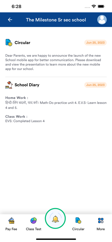 Edusecure - Edusecure app screen displaying school announcements and daily homework updates