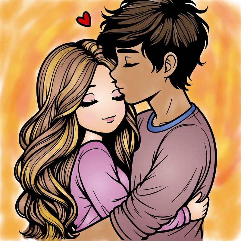 a realistic couple boy and girl hugging and kissing