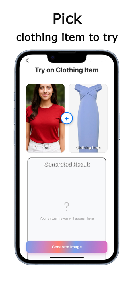 FashionTry: Virtual Try-On - Pantalla de la aplicación móvil que muestra el proceso de selección de una persona y una prenda para una prueba virtual de IA