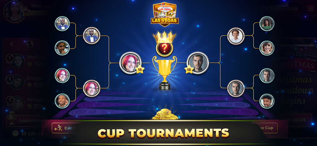 Backgammon King Online Games - A tournament bracket for Backgammon King online game featuring a gold trophy and player avatars.