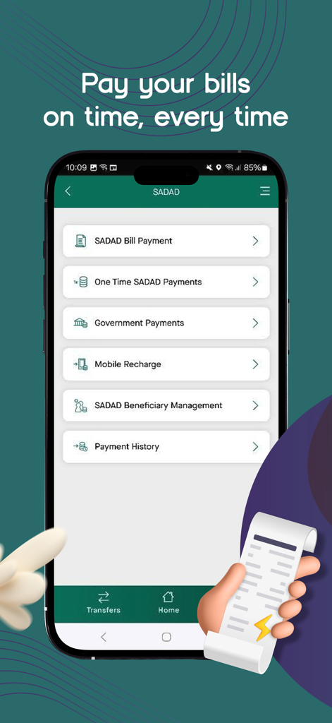 Interface do aplicativo móvel SNB QuickPay mostrando opções de pagamento de contas SADAD e serviços de recarga de celular.