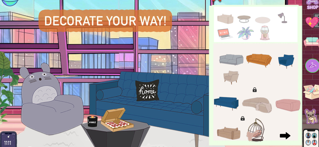 Moon World: Life & Style Sim - Interfaz que muestra opciones de decoración de habitaciones con muebles estéticos y vistas a la ciudad en Moon World