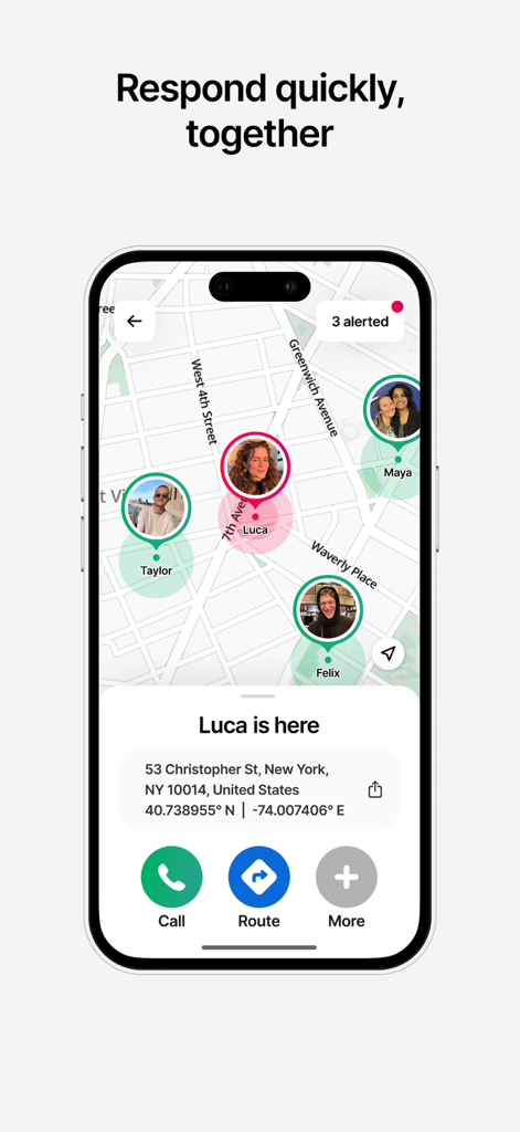 SafeNow app interface showing a real-time map with friends locations and an active emergency alert for a user in New York