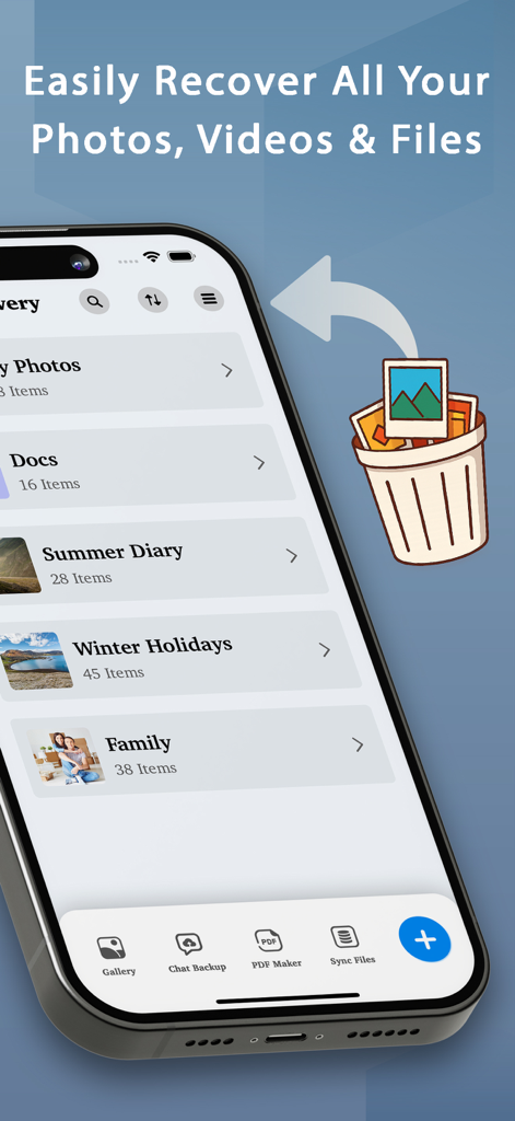 Interfaccia dell'app Recupero Foto che mostra cartelle organizzate e una grafica che raffigura il ripristino dei file da un cestino